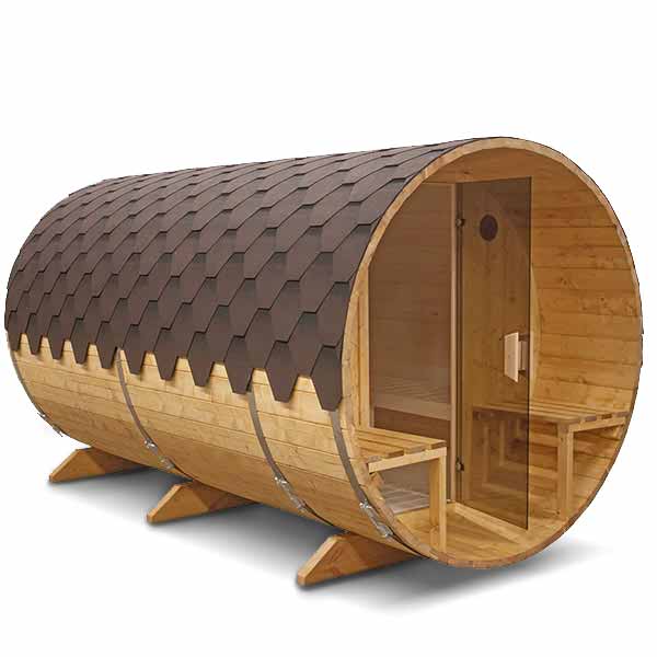 Saună butoi din molid - 6 persoane cu terasă, lungime 3.6m, Ø2 m