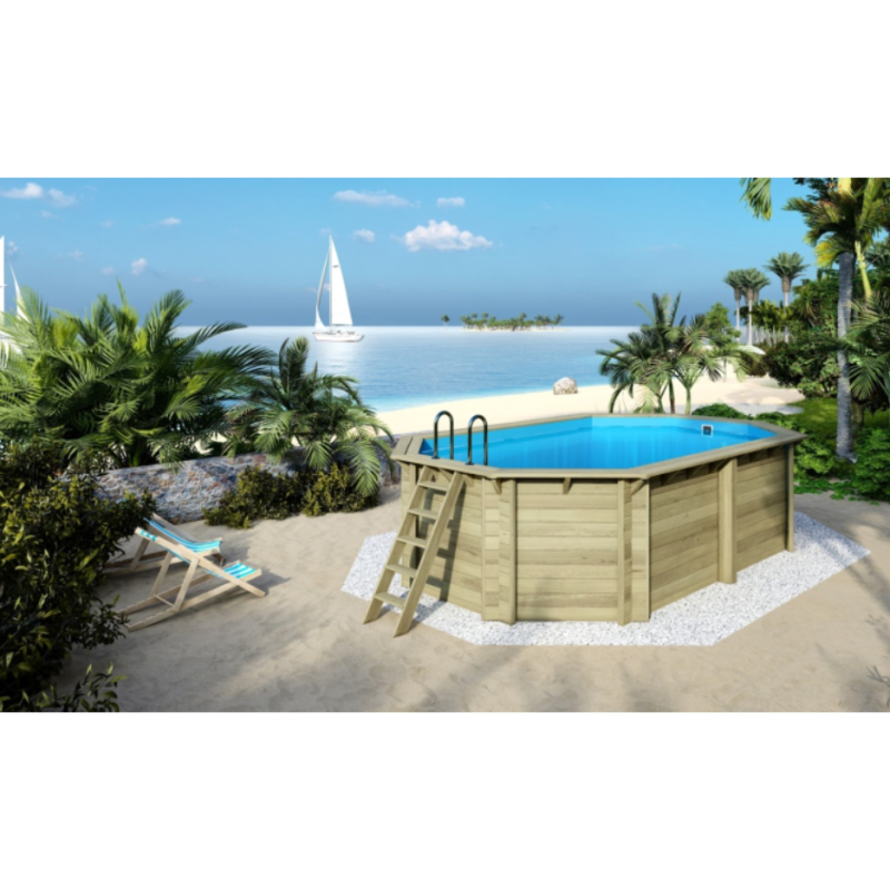 Piscina din lemn 3,49×5,79×1,45 m cadru fixată pe beton