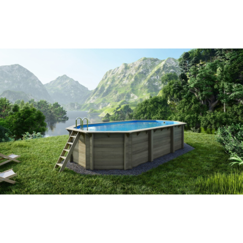 Piscina din lemn 3,97×7,3×1,45 m cadru fixată pe beton