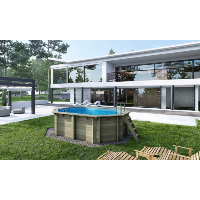 Piscina din lemn 3×4,3×1,18 m pe cadru fixată pe beton